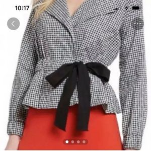 Cece$129 100% Cotton Gingham Tie Waist Peplum Hem Wrap Jacket French Cafe Size S
